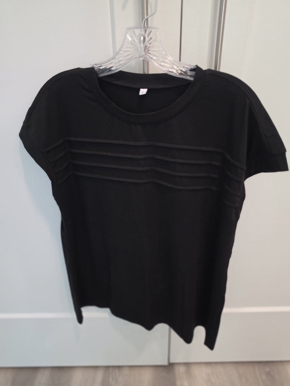 Womens Black Short Sleeve Top with Raised Stripe Detail Size L